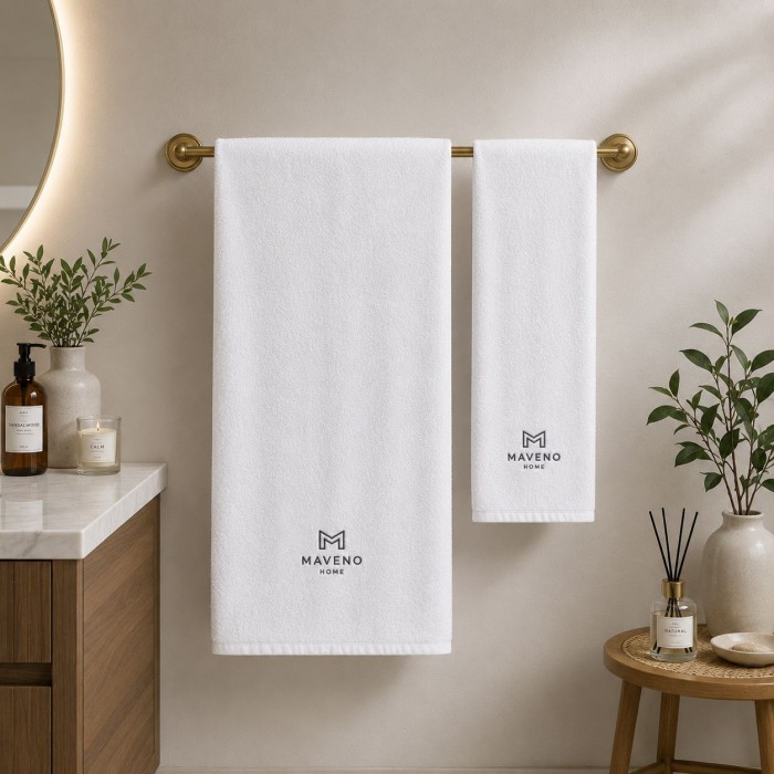 Logolu El ve Banyo Havlusu Takımı Beyaz 50x90cm 70x140cm